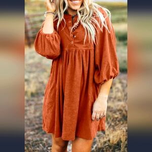 Gold Flame Corduroy Snap Buttons Empire Waist Bracelet Sleeve Dress